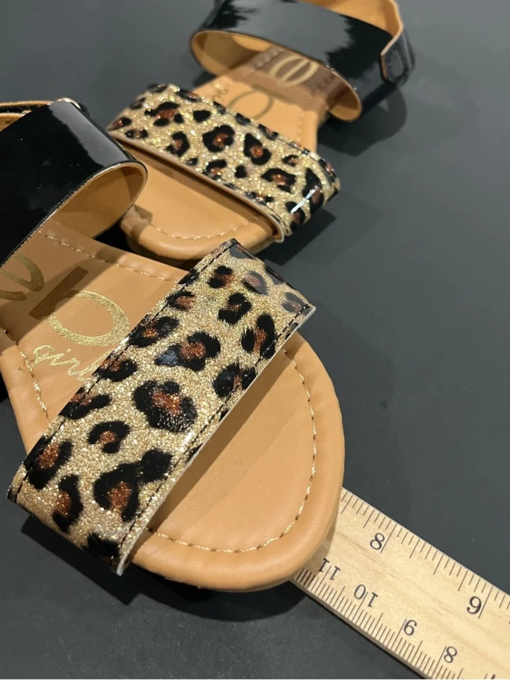 bebe Black Tan Leopard Print Patent Leather Glitter Little Girls Strap Sandals